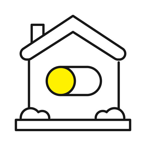 Casa con icono de energía sostenible en amarillo y negro